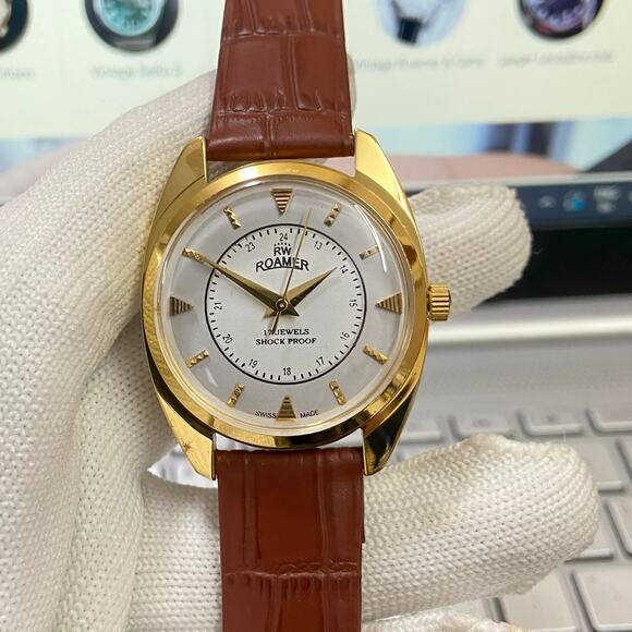 Fortis Other - Vintage 1984 Roamer Manual Mens Gold Watch W/Leather Strap & White accents
